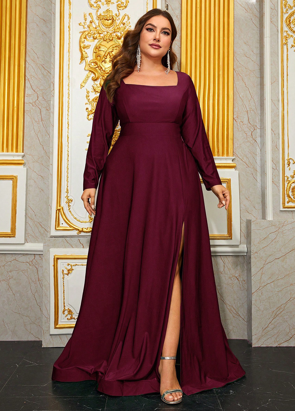 Бордова вечірня сукня кльош SHEIN однотонна