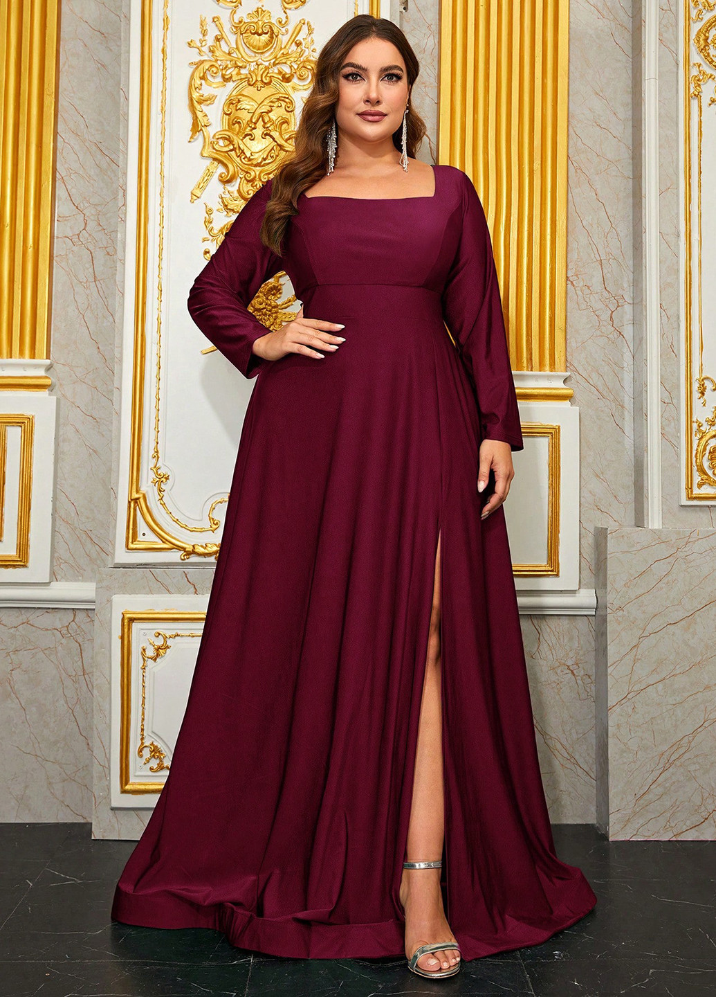 Бордова вечірня сукня кльош SHEIN однотонна