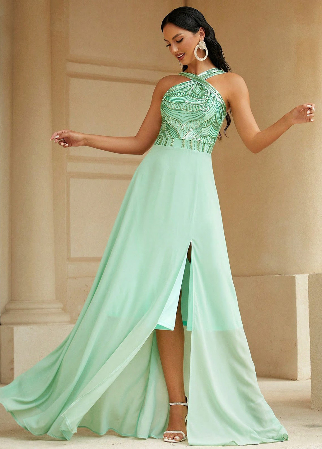 Зеленое вечернее платье с открытыми плечами, а-силуэт SHEIN однотонное