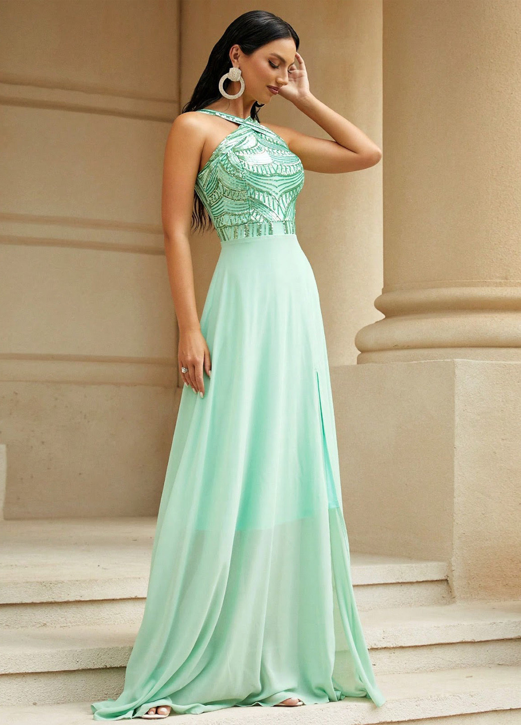 Зеленое вечернее платье с открытыми плечами, а-силуэт SHEIN однотонное