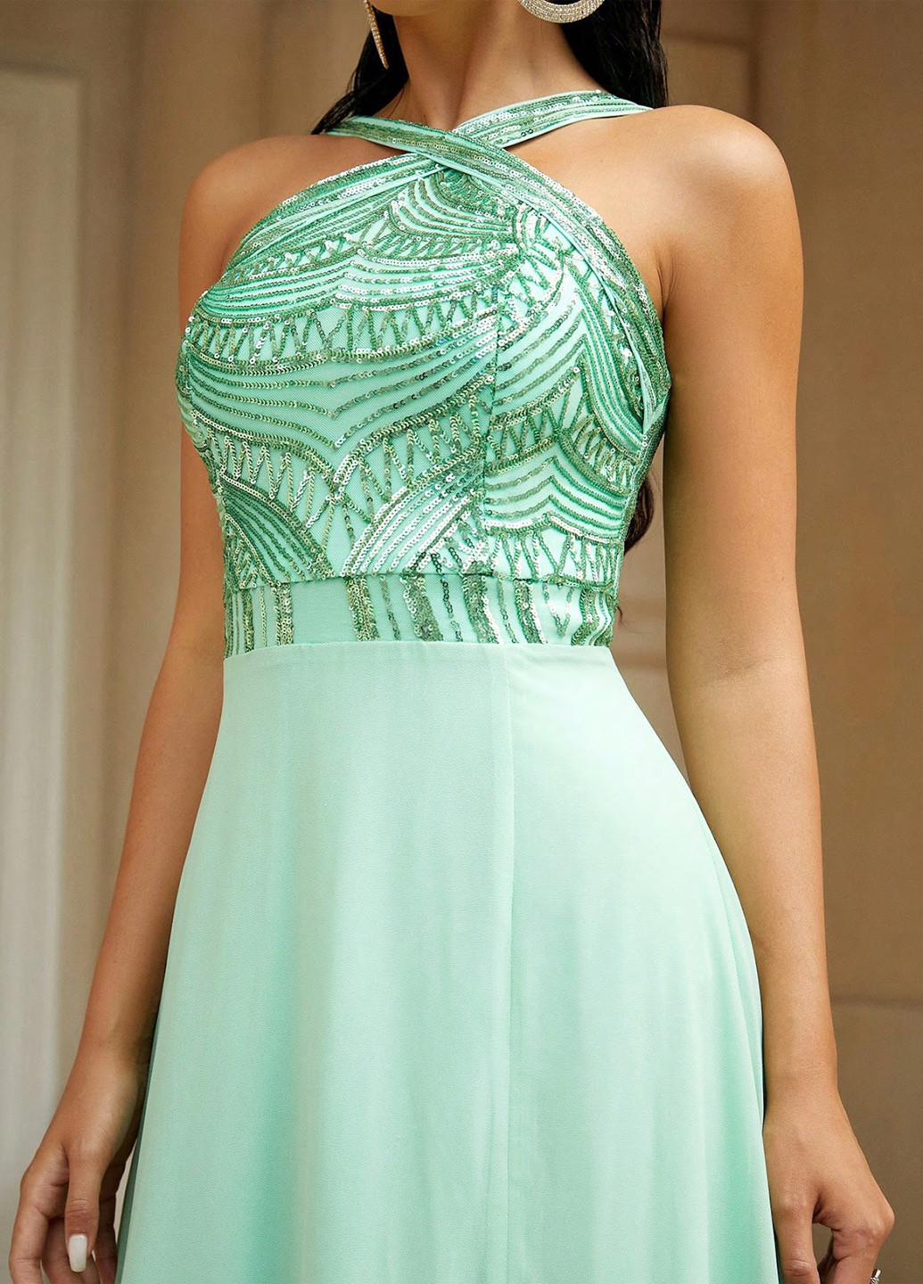 Зеленое вечернее платье с открытыми плечами, а-силуэт SHEIN однотонное