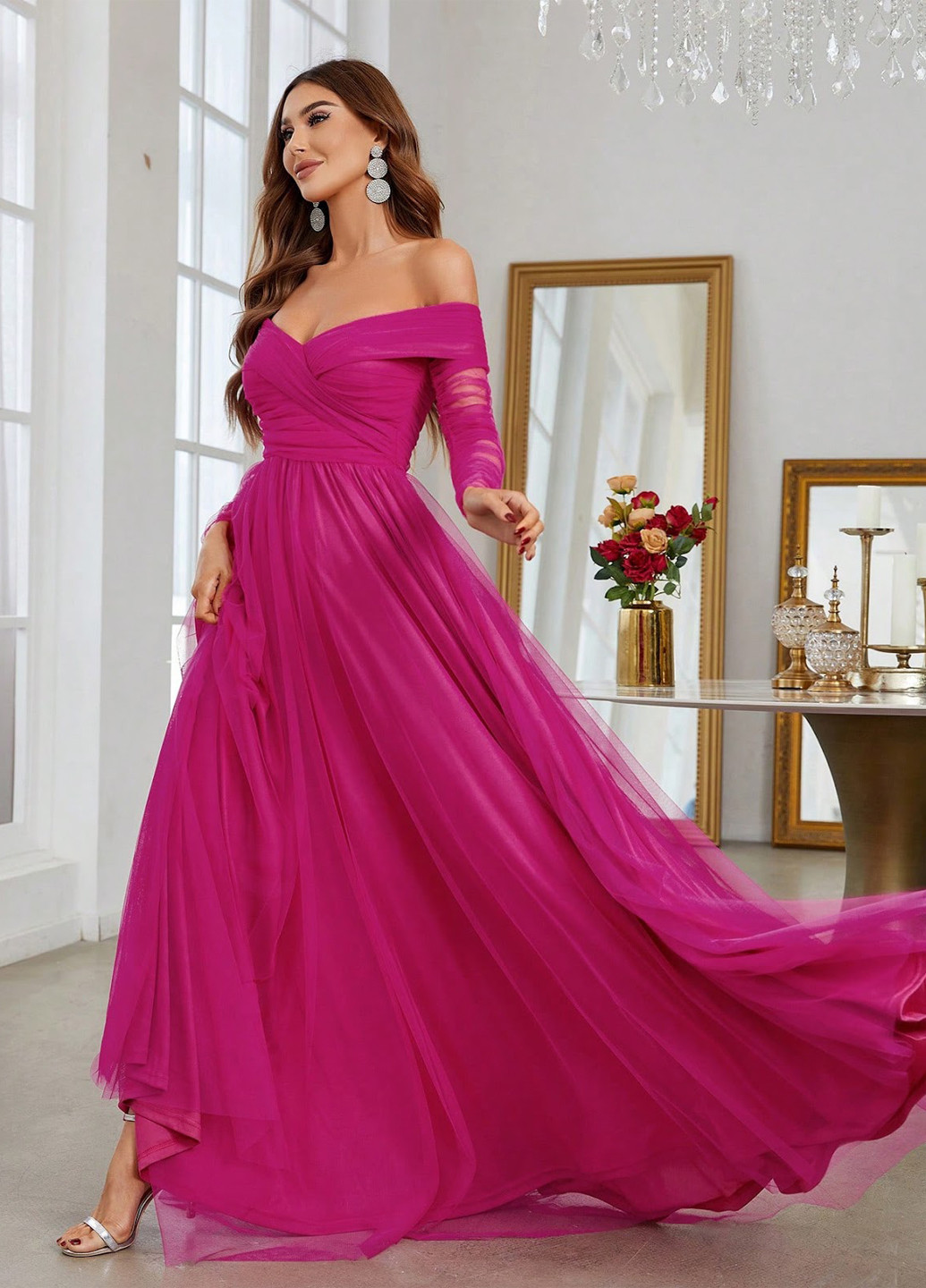 Фуксиновое (цвета Фуксия) вечернее платье с открытыми плечами SHEIN однотонное