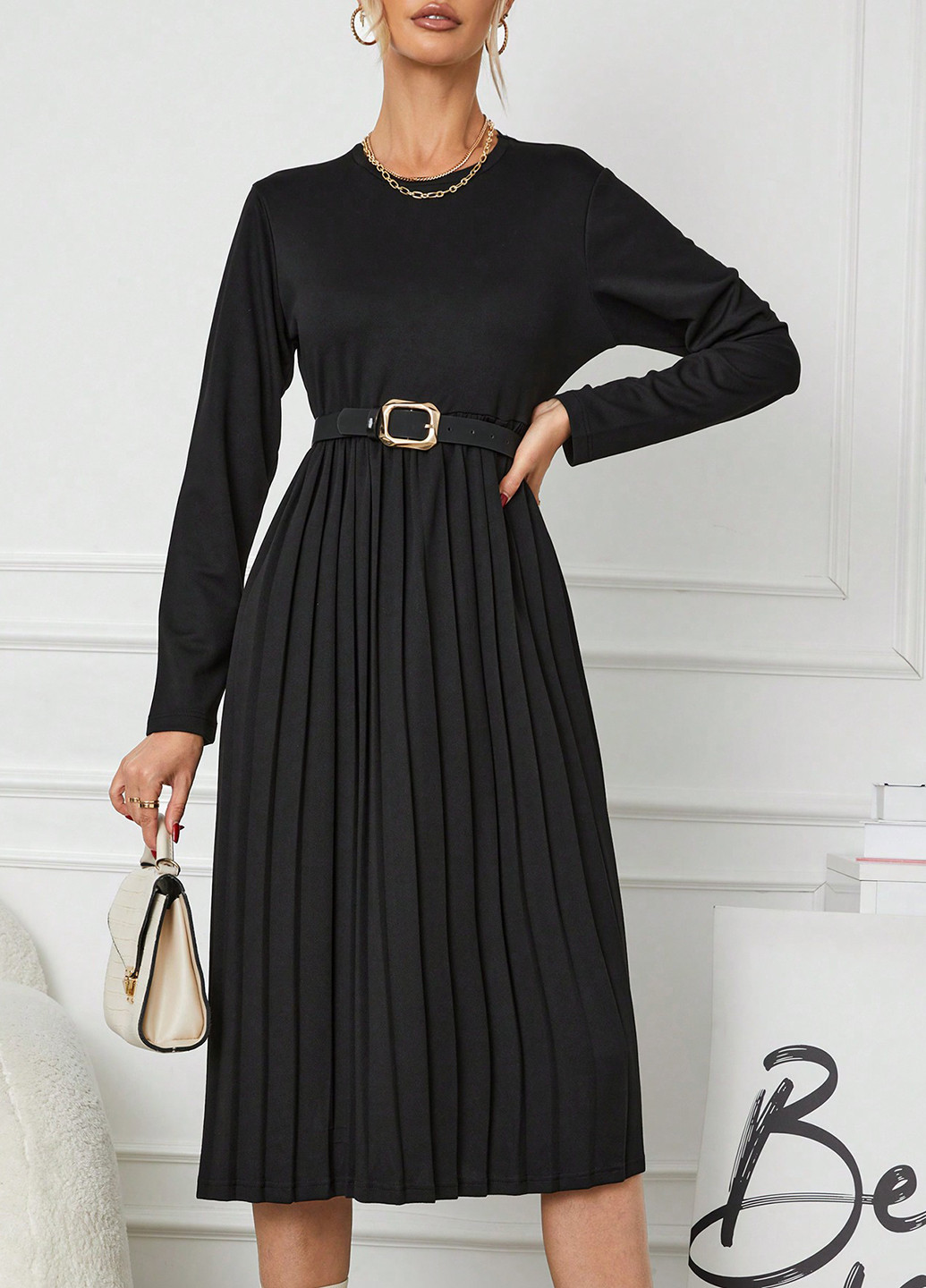Черное кэжуал, деловое платье плиссированное SHEIN однотонное