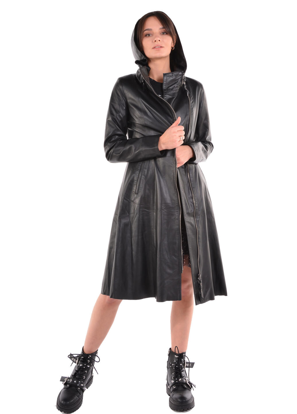 Чорна зимня куртка-плащ із натуральної ялової шкіри Roksan