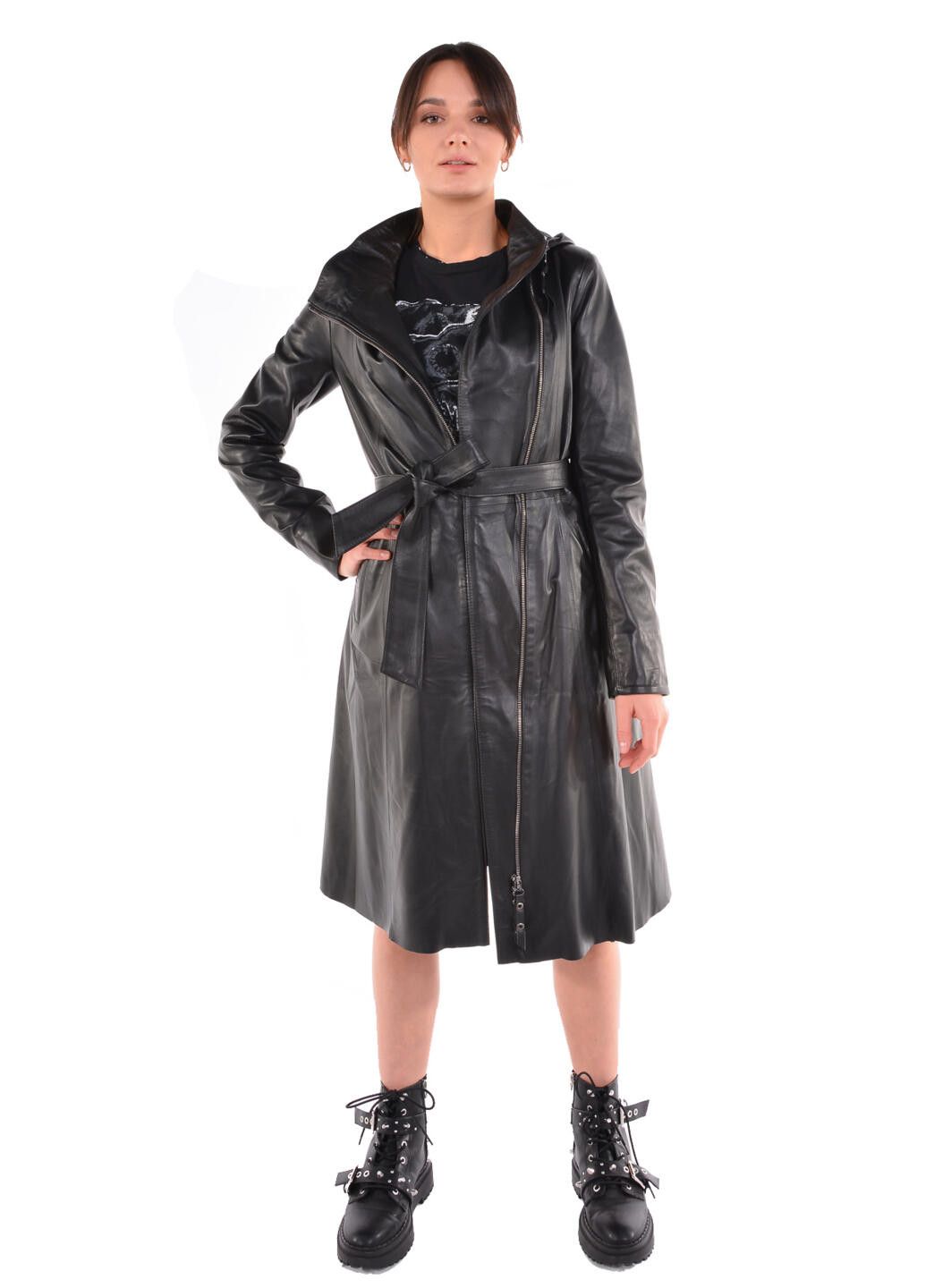 Черная зимняя куртка-плащ из натуральной яловой кожи Roksan