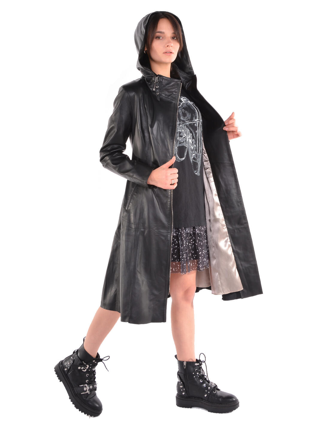 Чорна зимня куртка-плащ із натуральної ялової шкіри Roksan