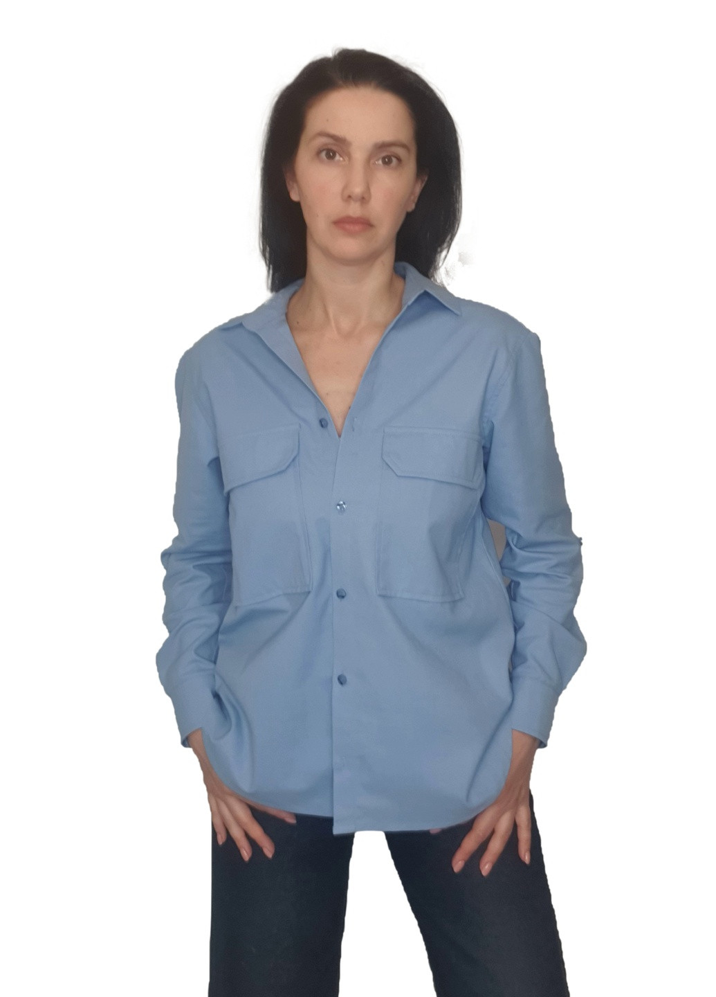 Голубой кэжуал рубашка однотонная No Brand с длинным рукавом