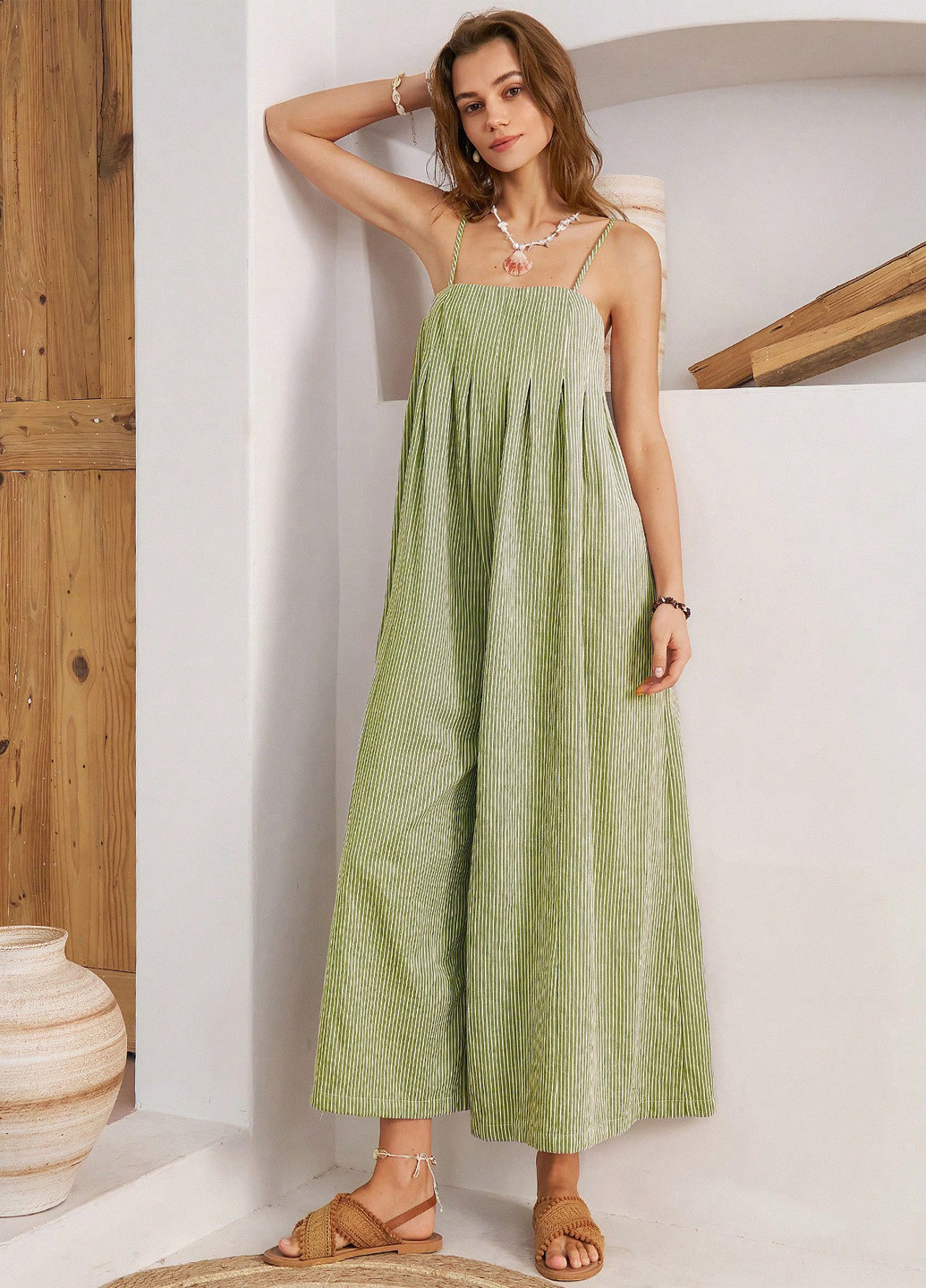 Комбінезон SHEIN комбінезон-брюки смужка зелений кежуал бавовна