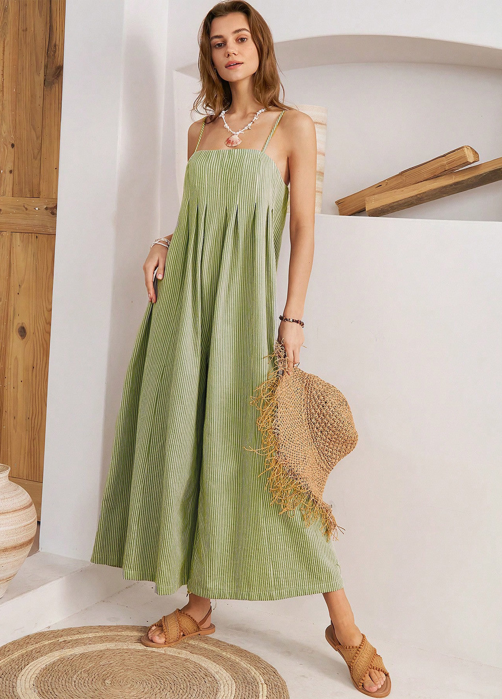 Комбінезон SHEIN комбінезон-брюки смужка зелений кежуал бавовна