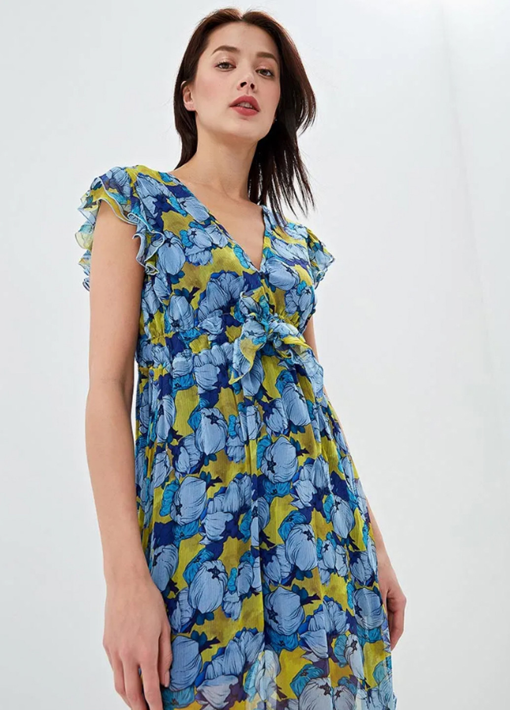 Сине-желтое кэжуал платье клеш Pinko с цветочным принтом