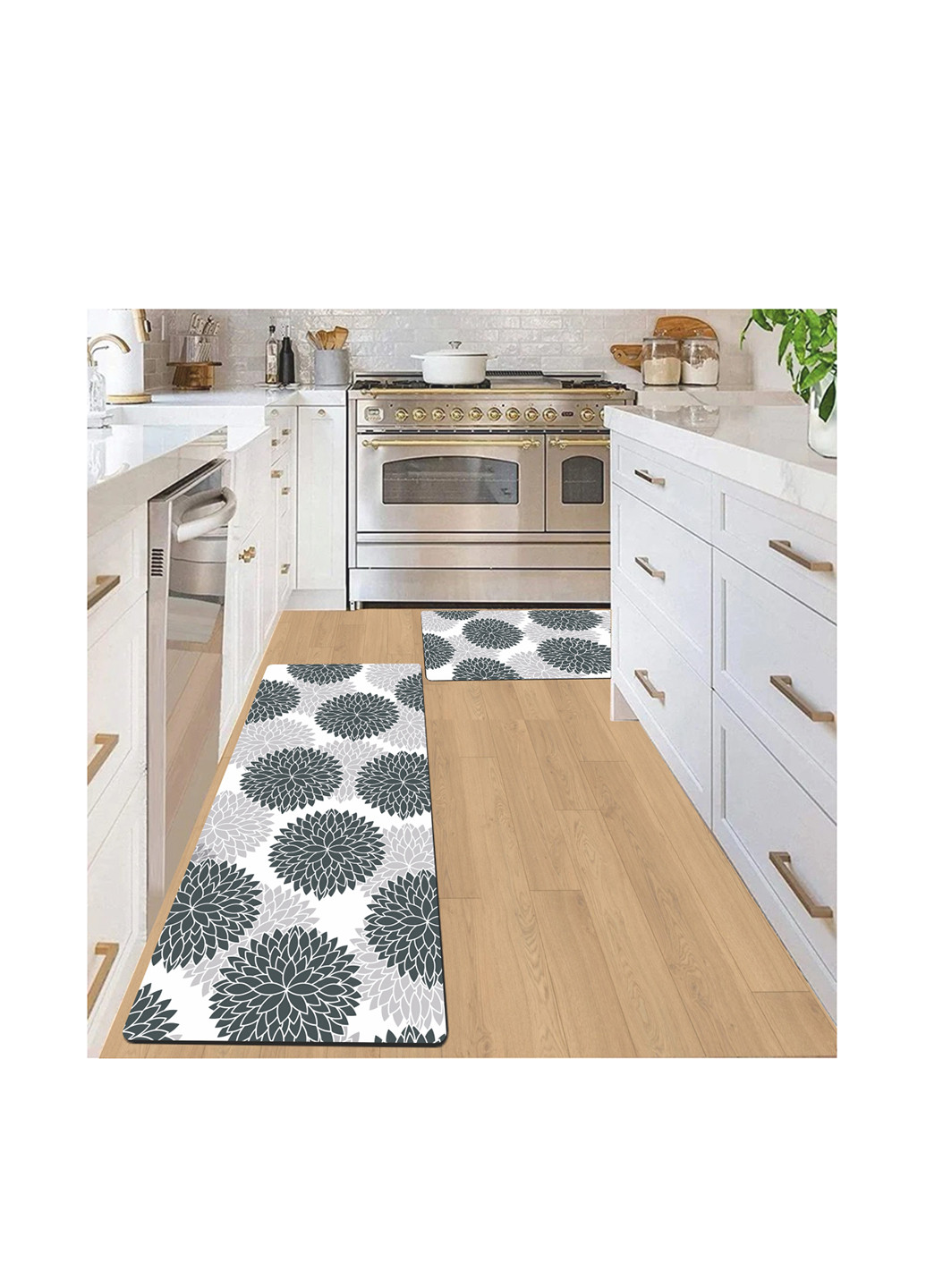 Набір 2 килимки для ванної та кухні Суперпоглинаючі 50х80 см + 50х120 Сірі Квіти Aquarius Діатомітовий (317399626)