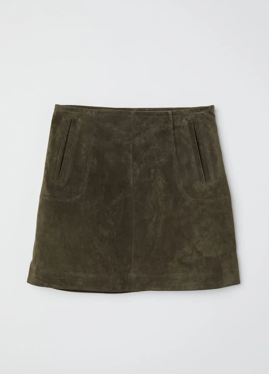 Оливковая (хаки) однотонная короткая замшевая юбка H&M