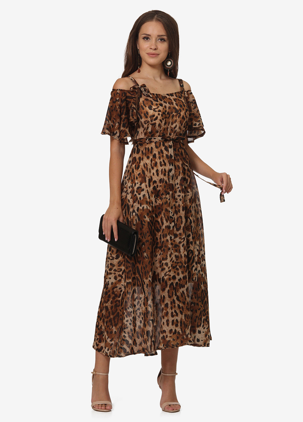 Коричневое кэжуал платье с открытыми плечами Lila Kass леопардовый