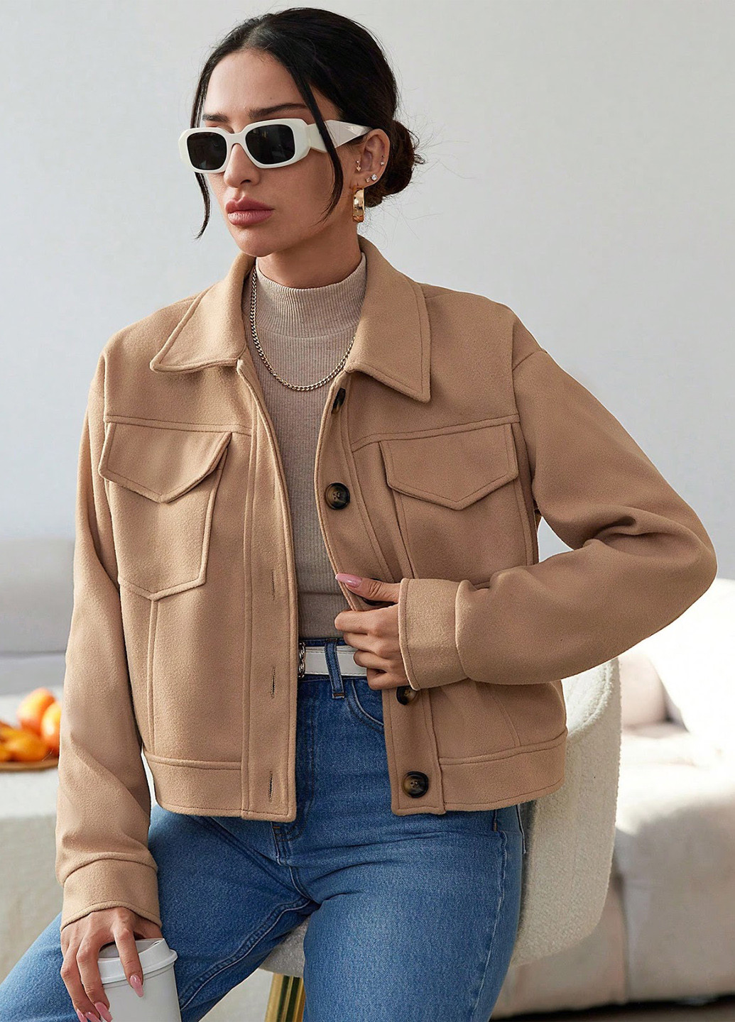 Темно-бежевое Кэжуал полупальто однобортное SHEIN однотонное