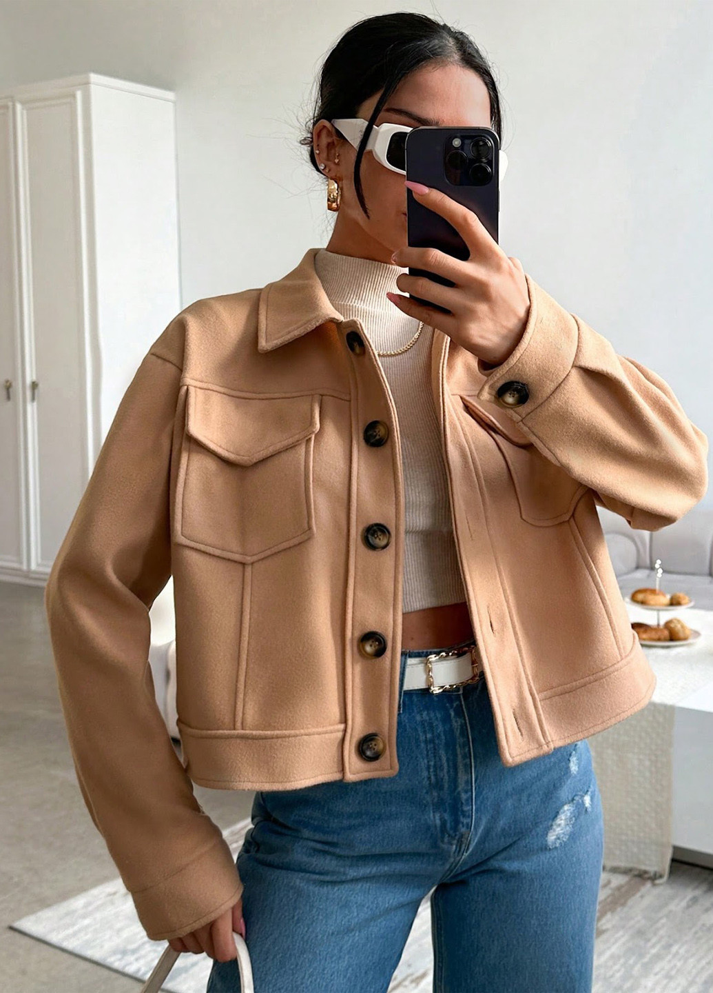 Темно-бежевое Кэжуал полупальто однобортное SHEIN однотонное