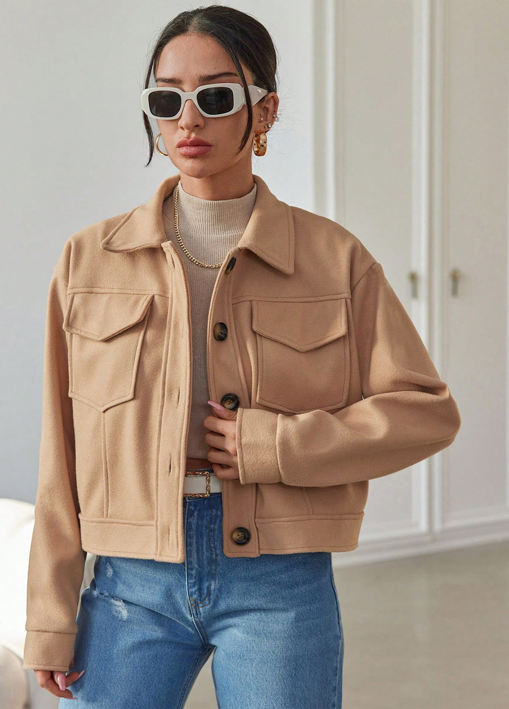 Темно-бежевое Кэжуал полупальто однобортное SHEIN однотонное