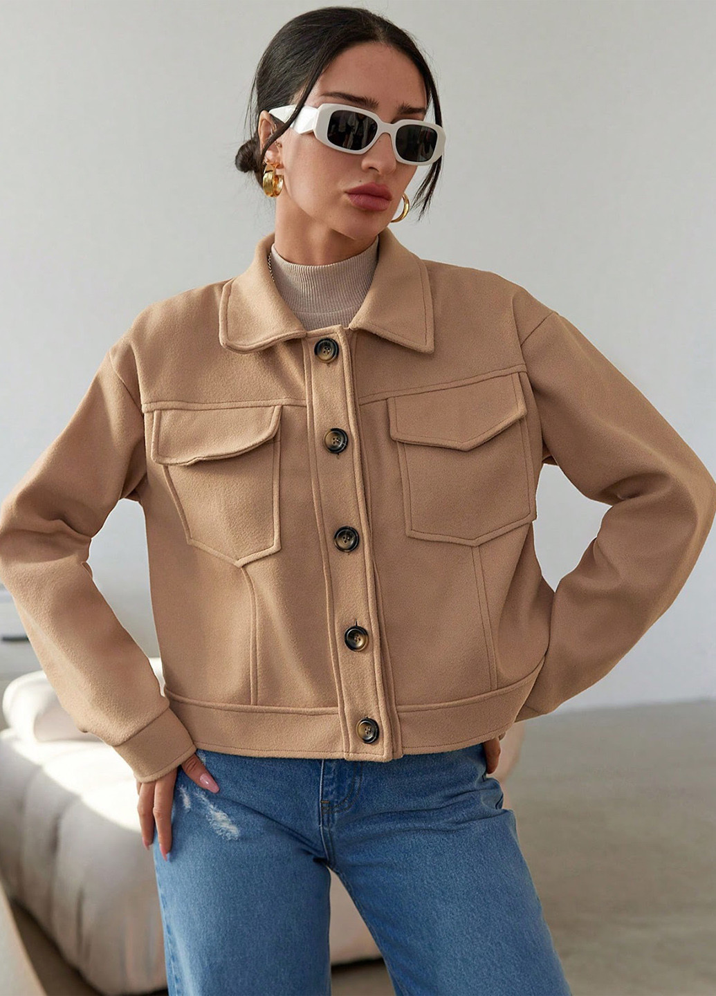 Темно-бежевое Кэжуал полупальто однобортное SHEIN однотонное