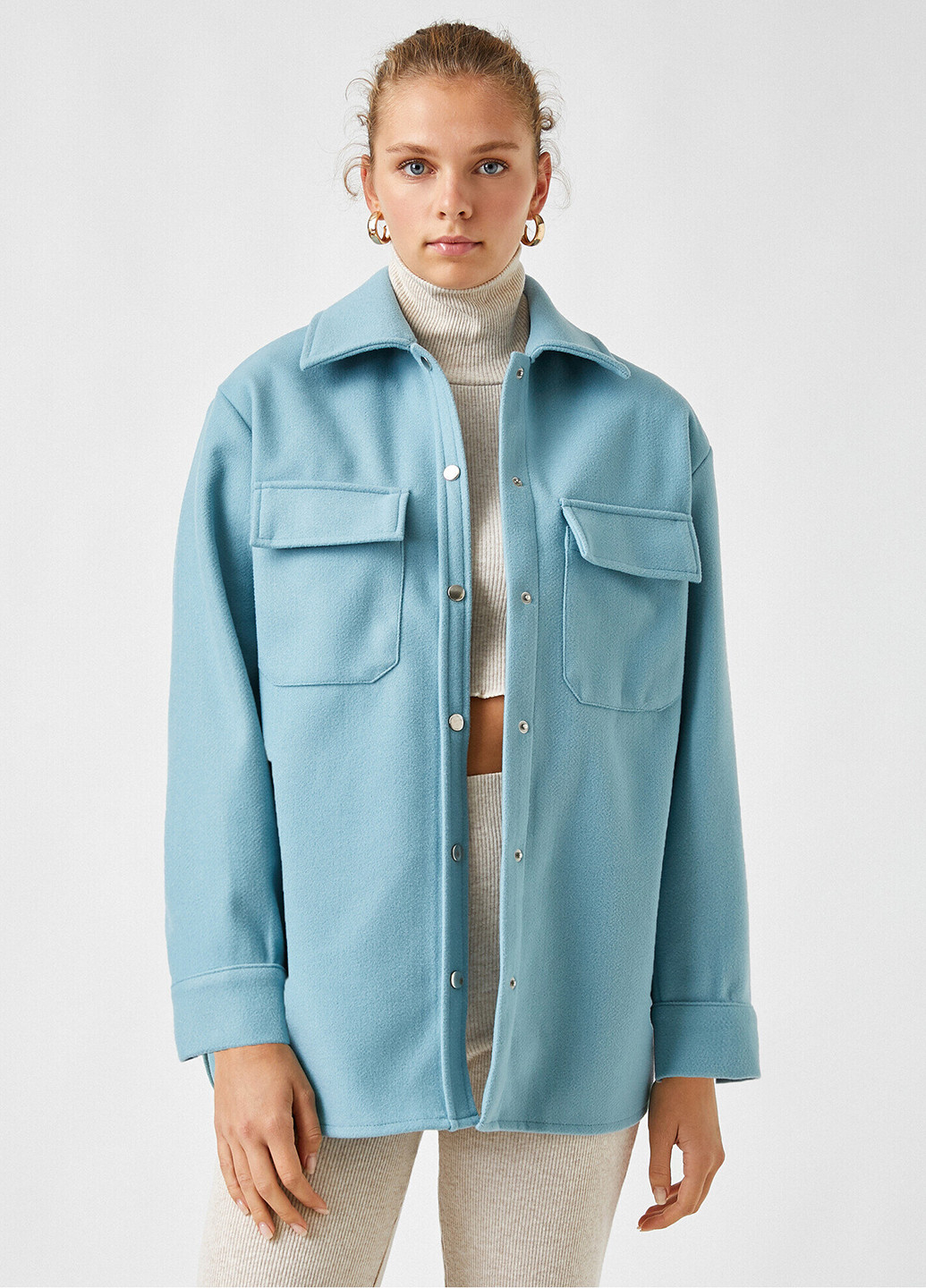 Куртка-рубашка KOTON однотонная голубая кэжуал