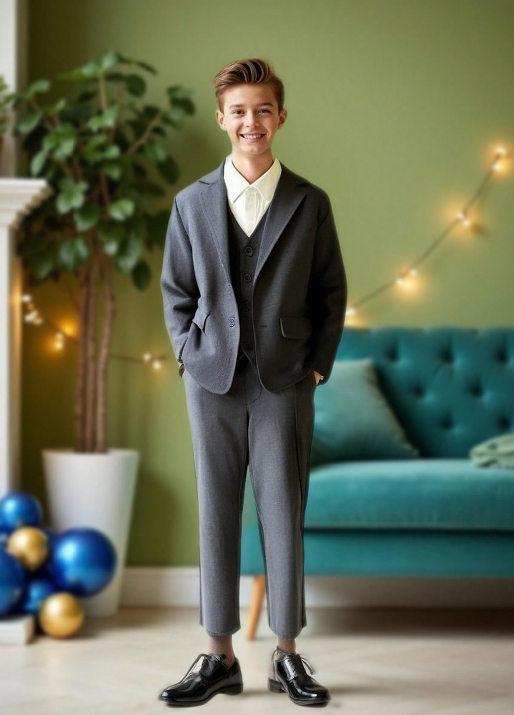 Темно-серый демисезонный костюм (пиджак, жилет, рубашка, брюки) брючный, с рубашкой SHEIN