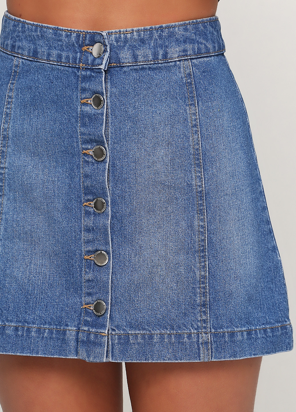 Голубая джинсовая однотонная юбка H&M а-силуэта (трапеция)