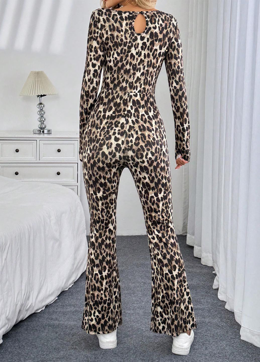Комбинезон SHEIN комбинезон-брюки леопардовый светло-бежевый праздничный, вечерний, кэжуал полиэстер