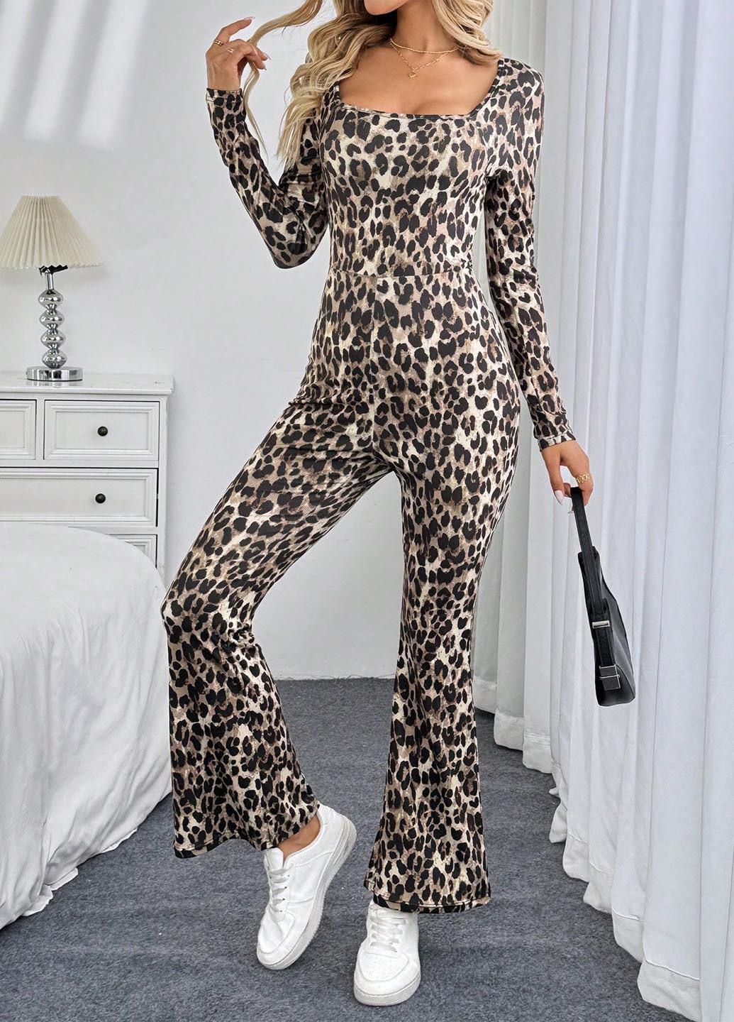 Комбинезон SHEIN комбинезон-брюки леопардовый светло-бежевый праздничный, вечерний, кэжуал полиэстер