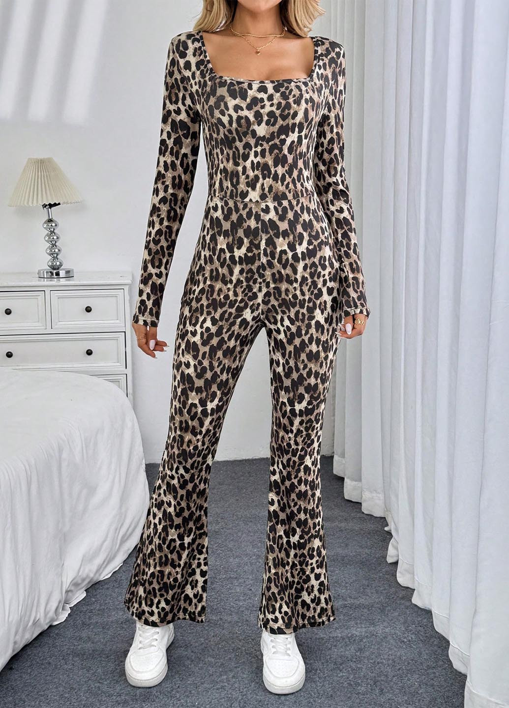 Комбинезон SHEIN комбинезон-брюки леопардовый светло-бежевый праздничный, вечерний, кэжуал полиэстер
