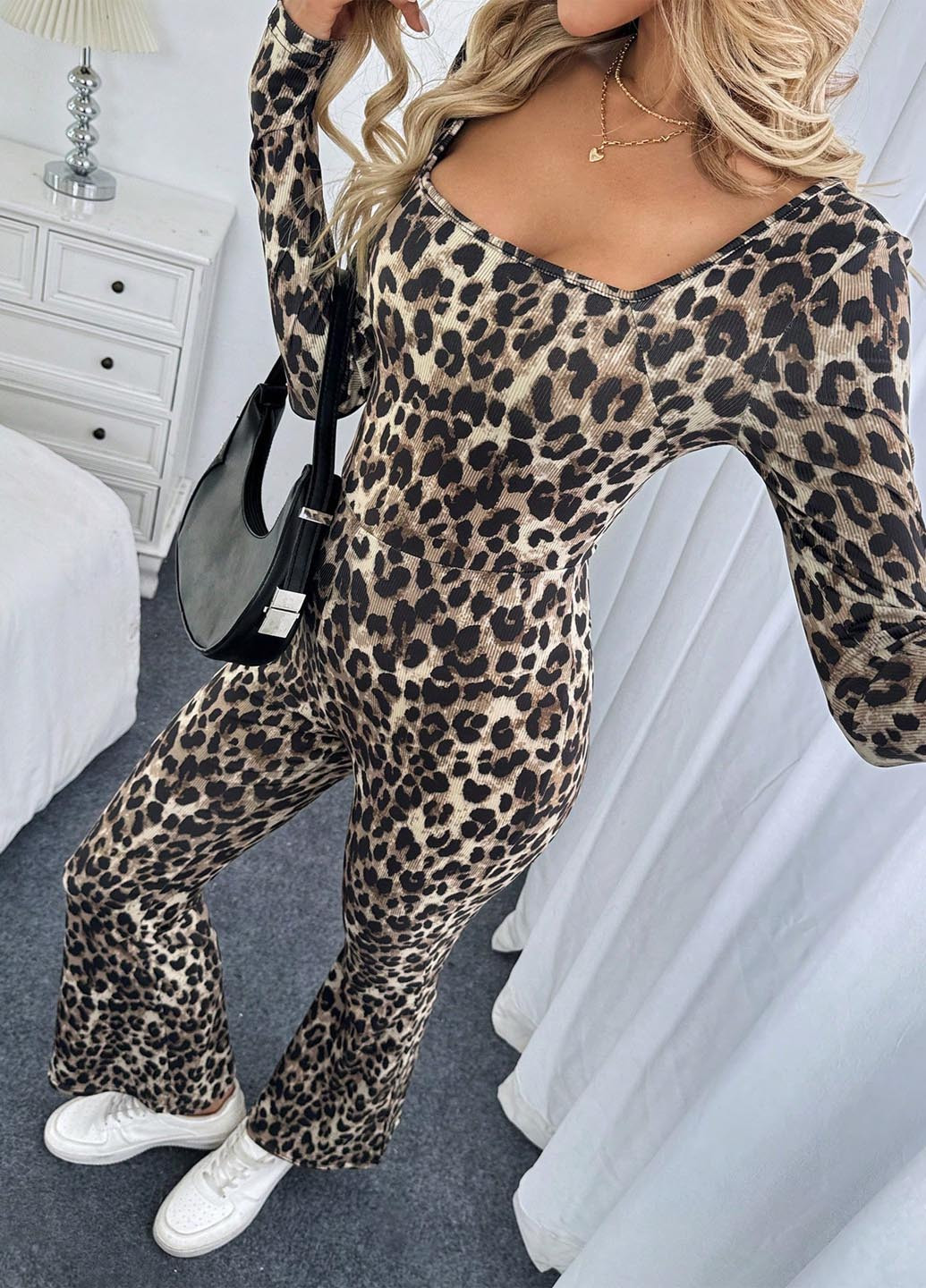 Комбинезон SHEIN комбинезон-брюки леопардовый светло-бежевый праздничный, вечерний, кэжуал полиэстер