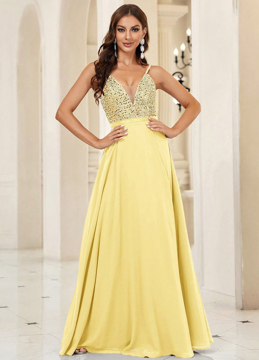 Жовтий вечірня сукня кльош, з відкритою спиною SHEIN однотонна