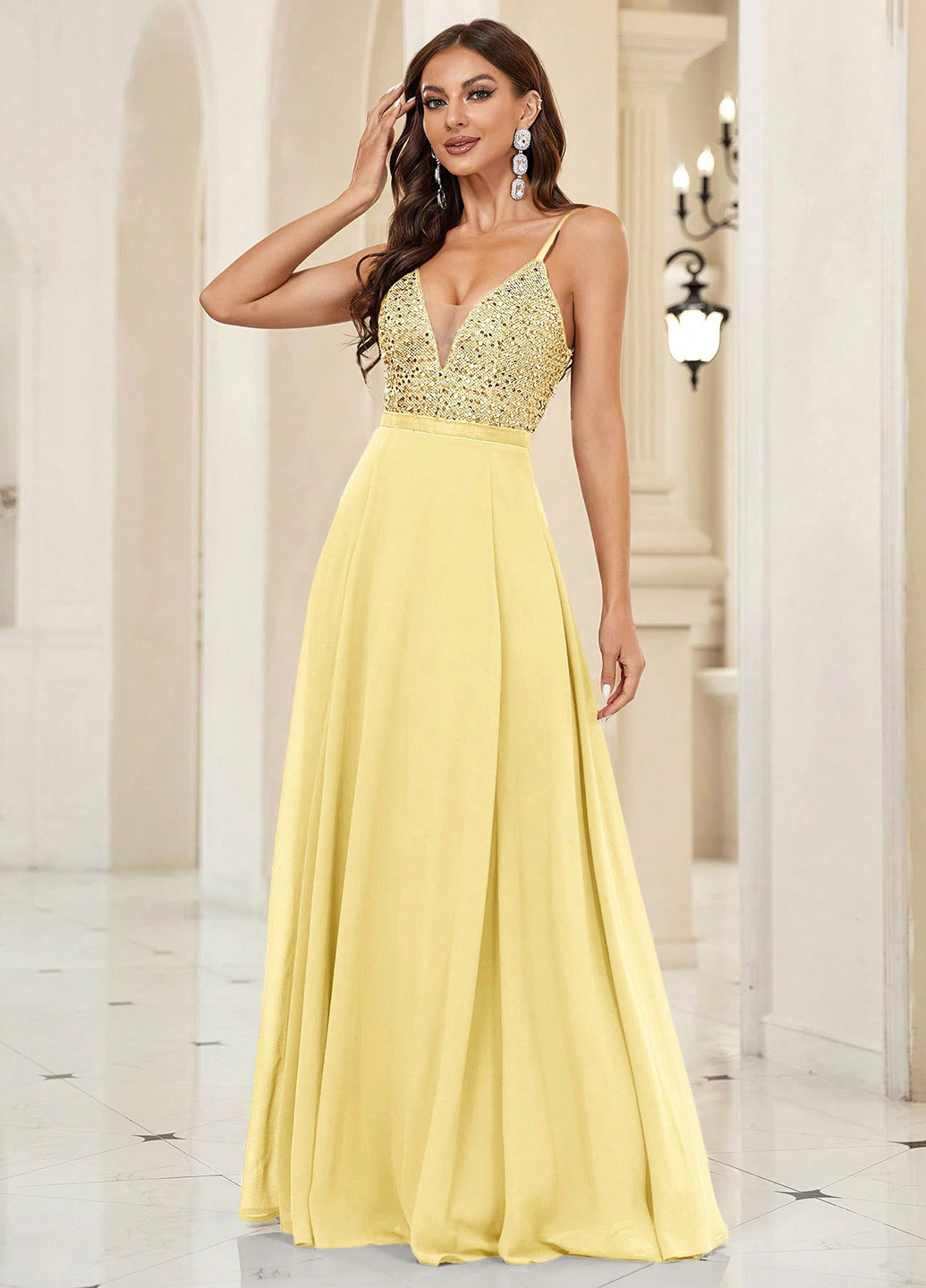 Жовтий вечірня сукня кльош, з відкритою спиною SHEIN однотонна