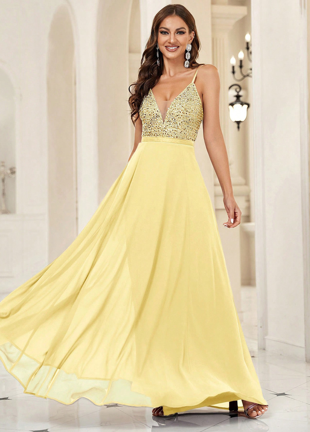 Жовтий вечірня сукня кльош, з відкритою спиною SHEIN однотонна