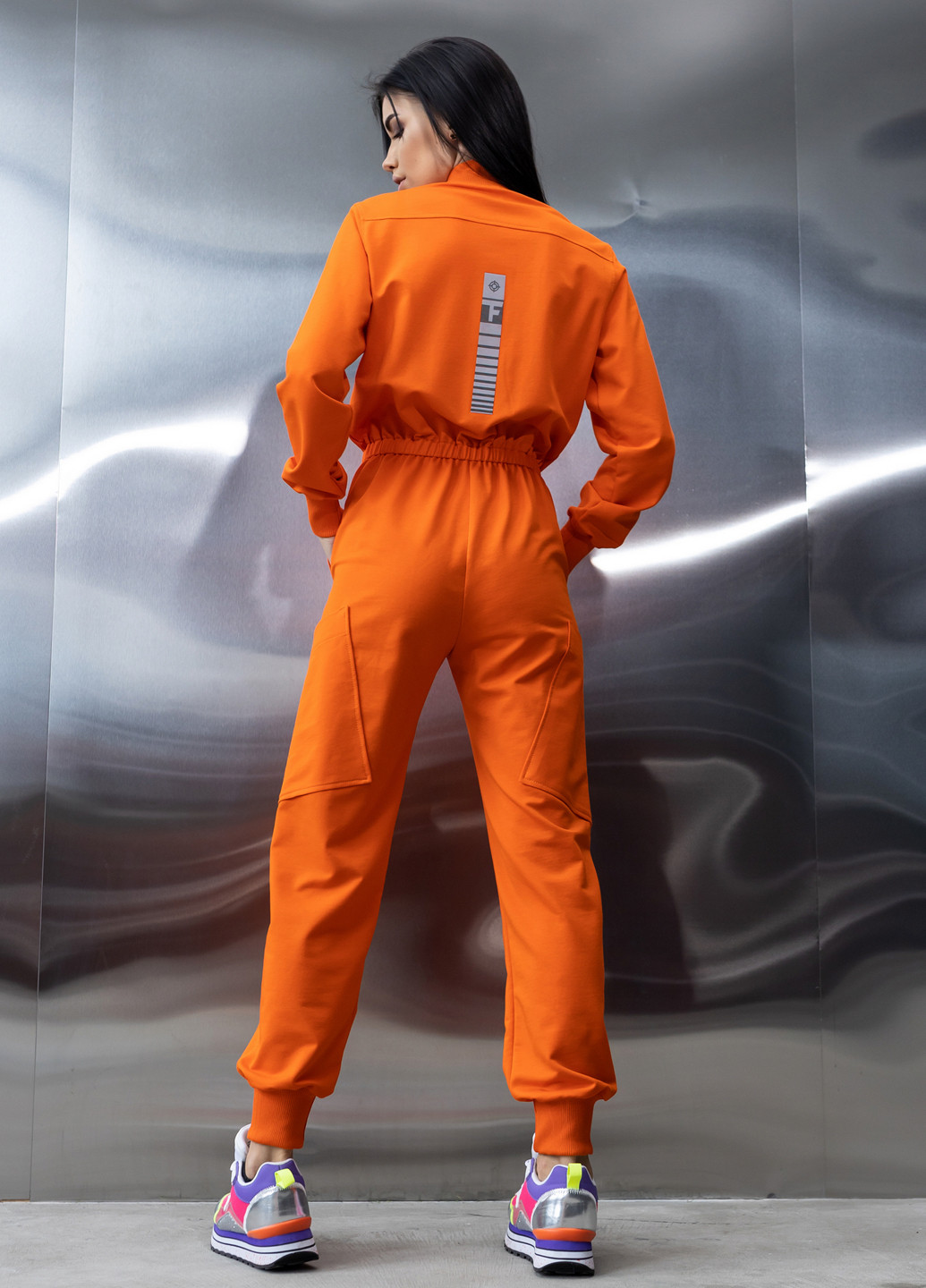 Бавовняний комбінезон з поясом та блискавкою TOTALFIT комбінезон-брюки однотонний помаранчевий кежуал, спортивний двунитка, бавовна