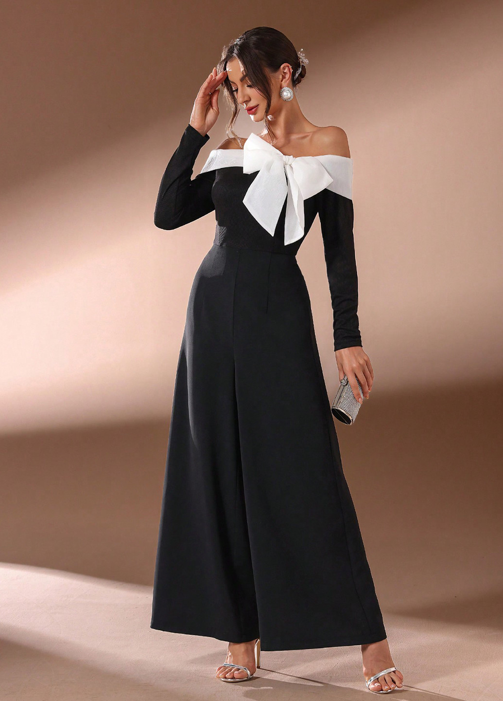 Комбинезон SHEIN комбинезон-брюки колор блок чёрный вечерний полиэстер