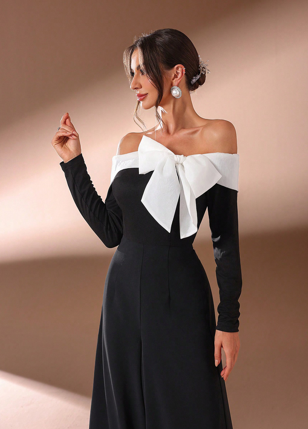 Комбинезон SHEIN комбинезон-брюки колор блок чёрный вечерний полиэстер