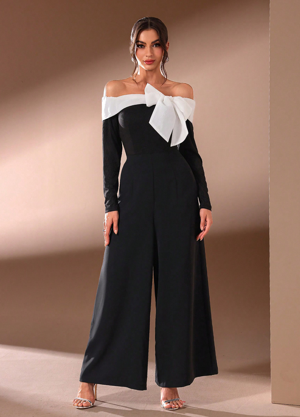 Комбинезон SHEIN комбинезон-брюки колор блок чёрный вечерний полиэстер