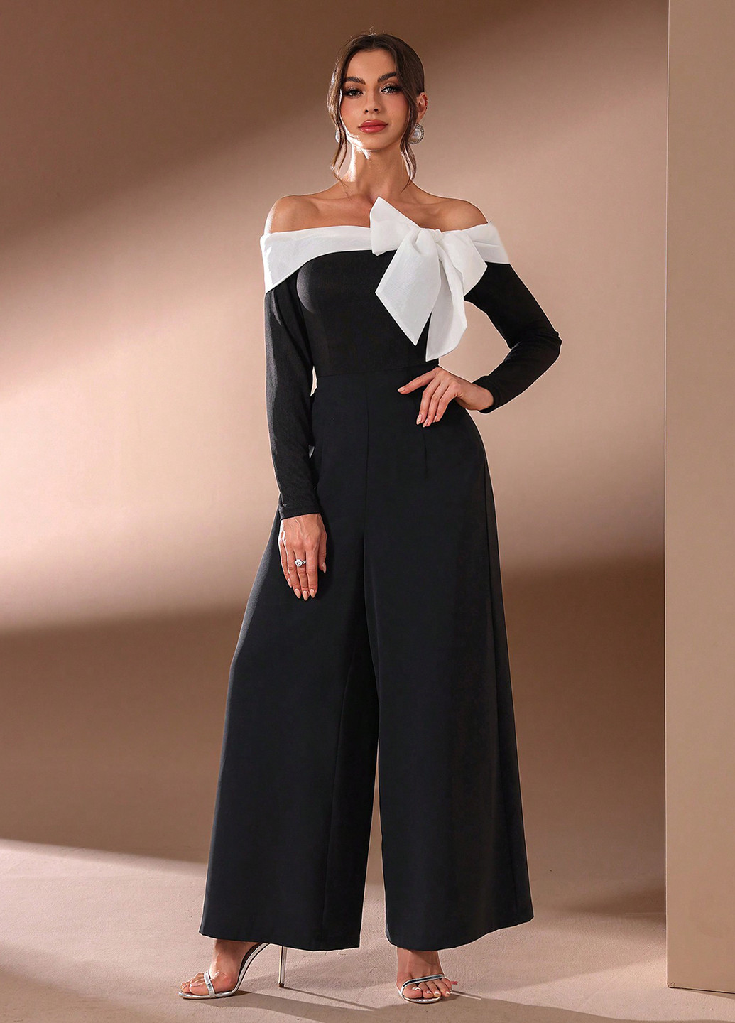 Комбинезон SHEIN комбинезон-брюки колор блок чёрный вечерний полиэстер