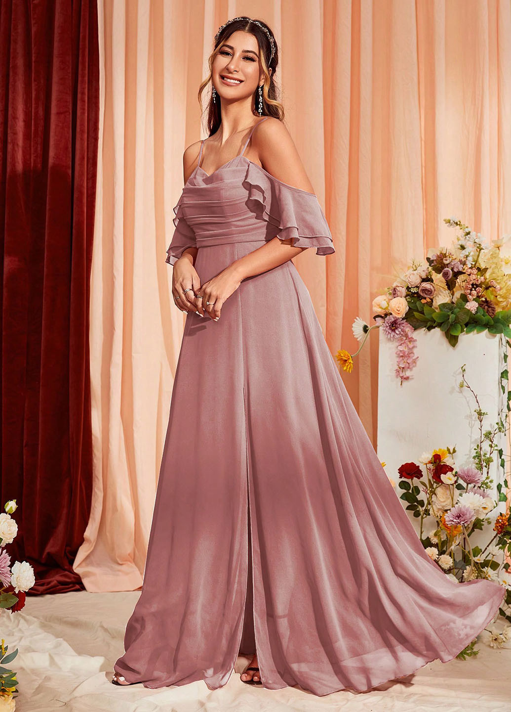 Светло-лиловое вечернее платье клеш, с открытыми плечами SHEIN однотонное