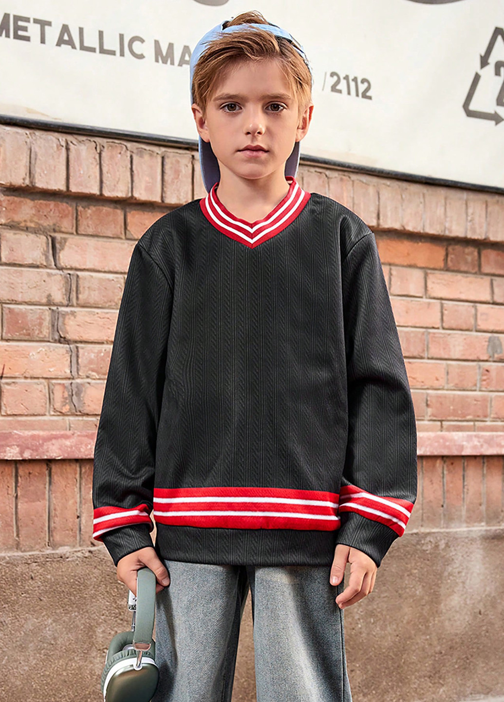 SHEIN свитшот полоска черный кэжуал полиэстер