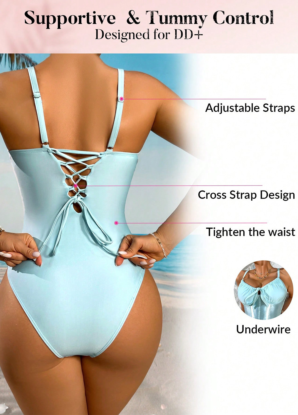 Світло-блакитний літній купальник суцільний, майо SHEIN