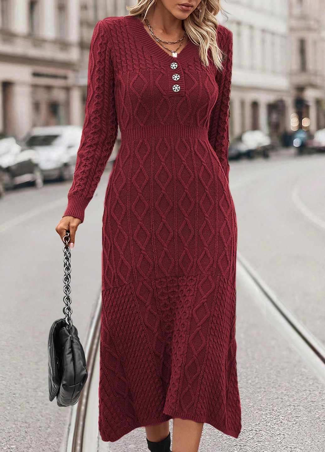 Бордовое кэжуал платье платье-свитер SHEIN однотонное