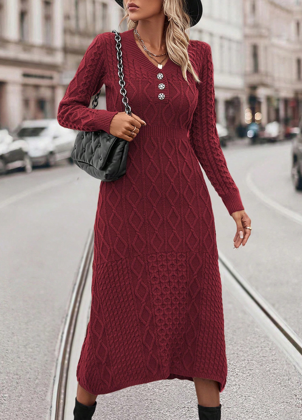 Бордовое кэжуал платье платье-свитер SHEIN однотонное