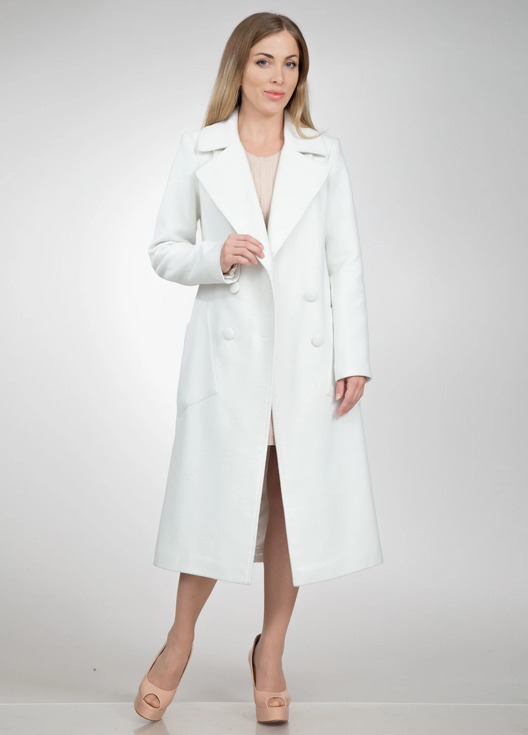 Білий демісезонне Пальто двобортне Шикарные меха