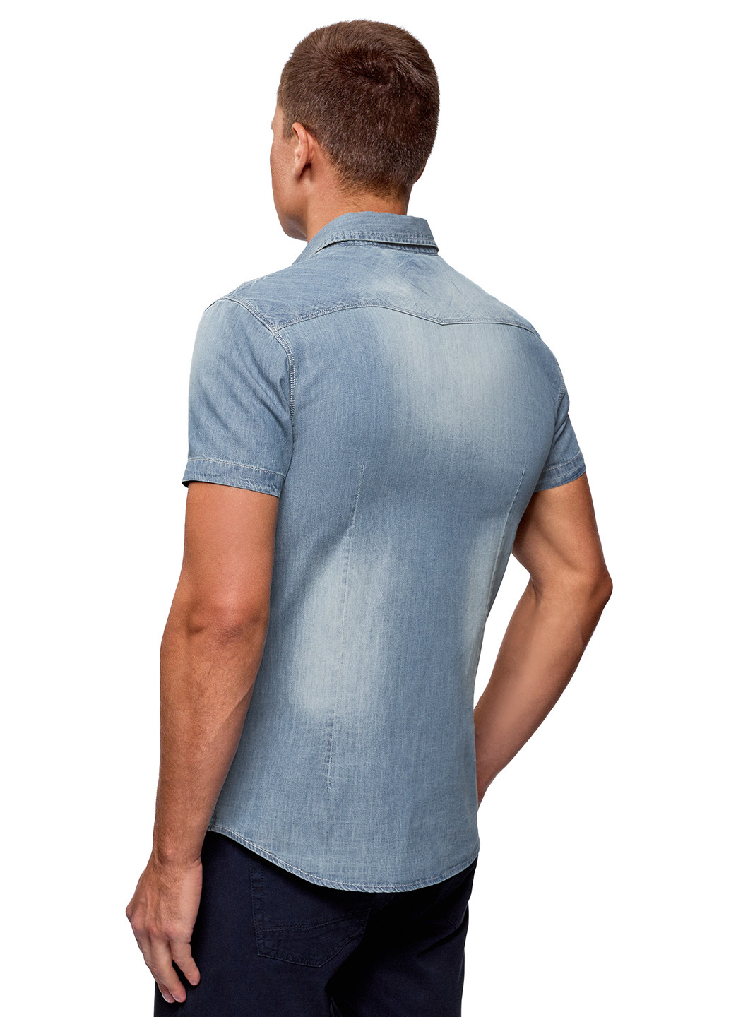 Голубой джинсовая рубашка однотонная Oodji с коротким рукавом