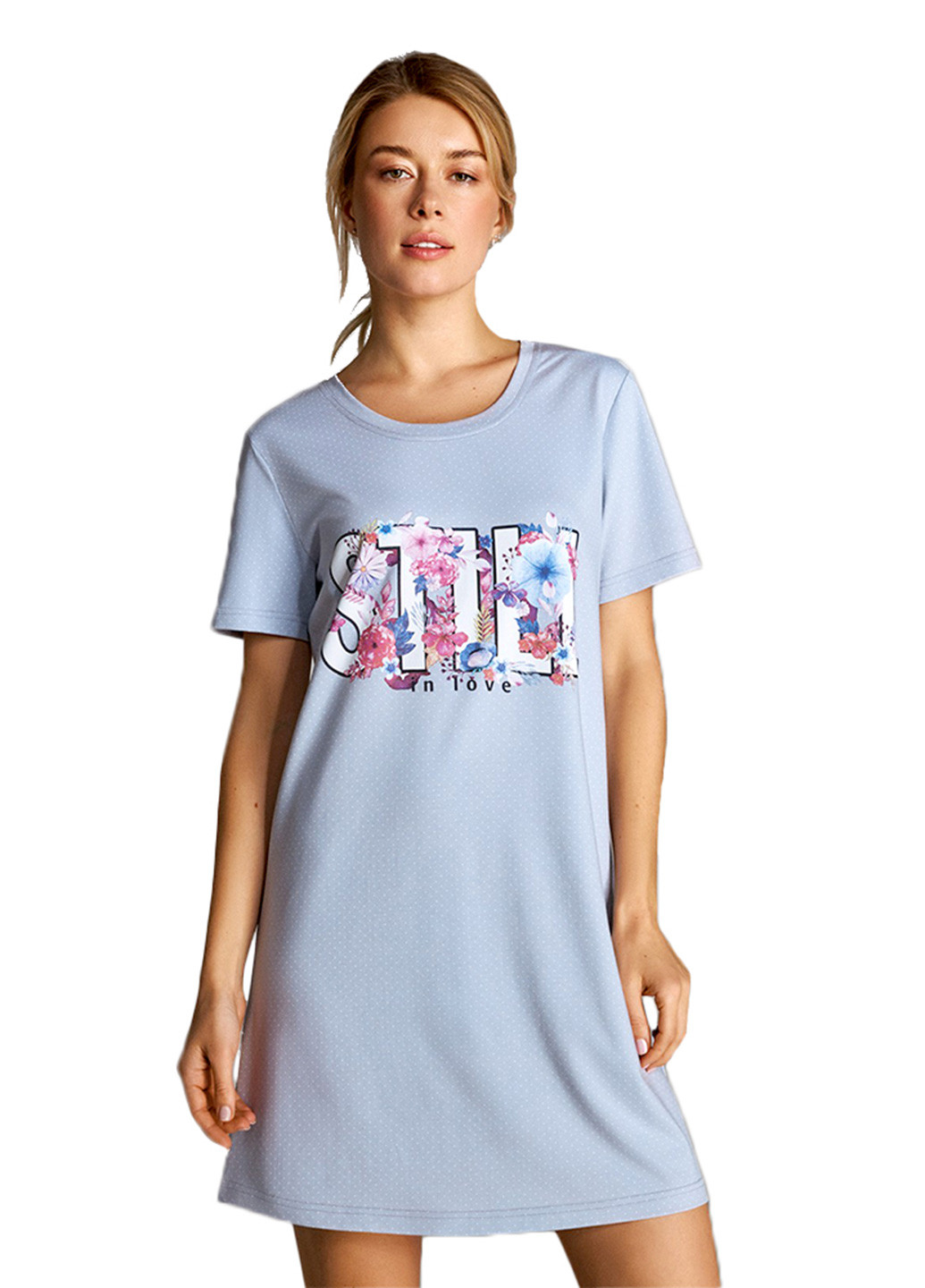 Ночная рубашка Ellen надпись серо-голубая домашняя трикотаж, хлопок