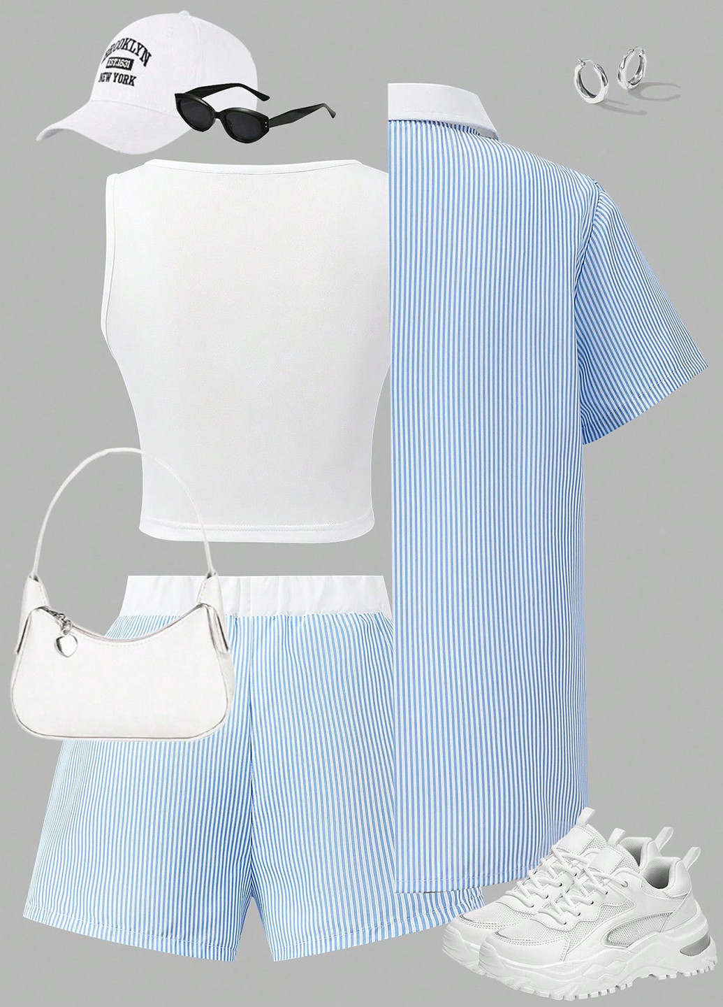 Светло-голубой летний костюм (блуза, майка, шорты) SHEIN