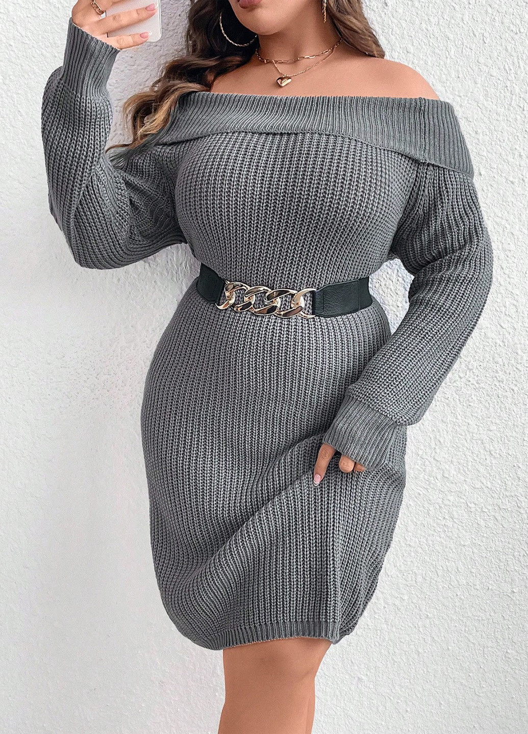 Серое кэжуал платье платье-свитер SHEIN однотонное