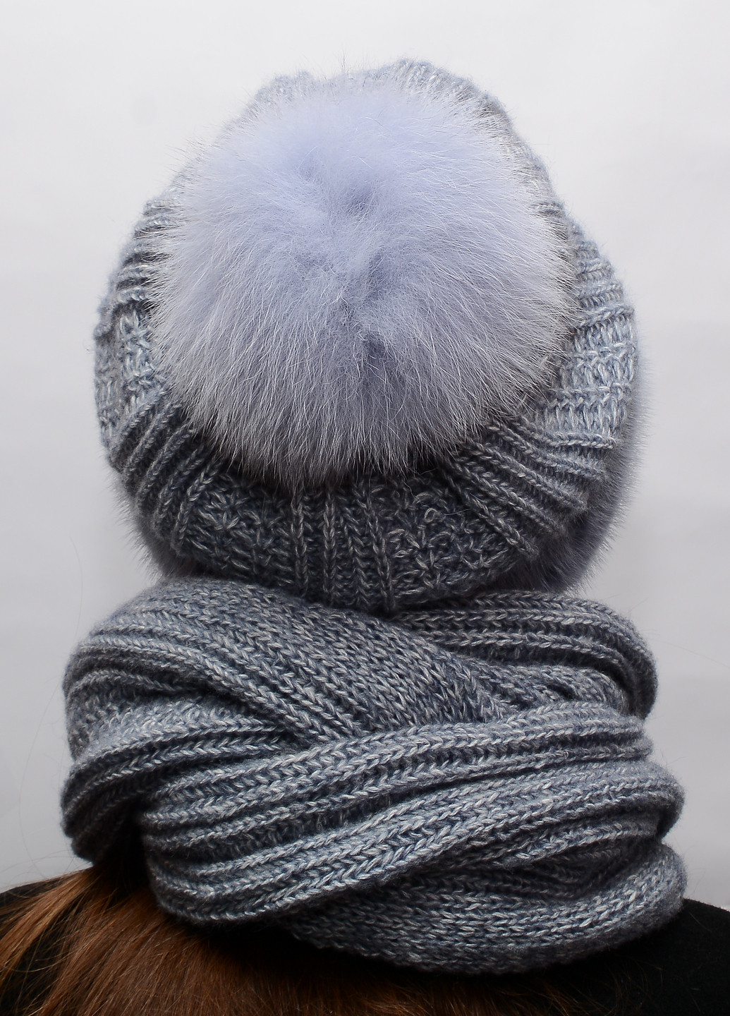Женский вязаный комплект шарф с шапкой Меховой Стиль снуд (205186171)