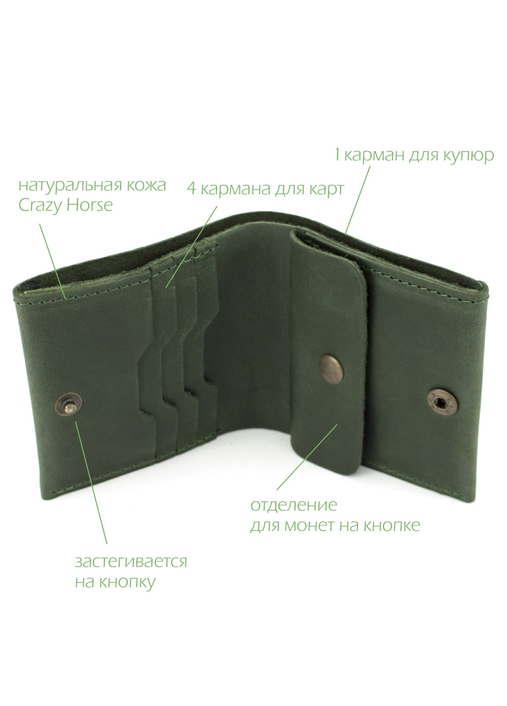 Жіночий шкіряний гаманець на кнопці HC0088 зелений HandyCover однотонний зелений діловий