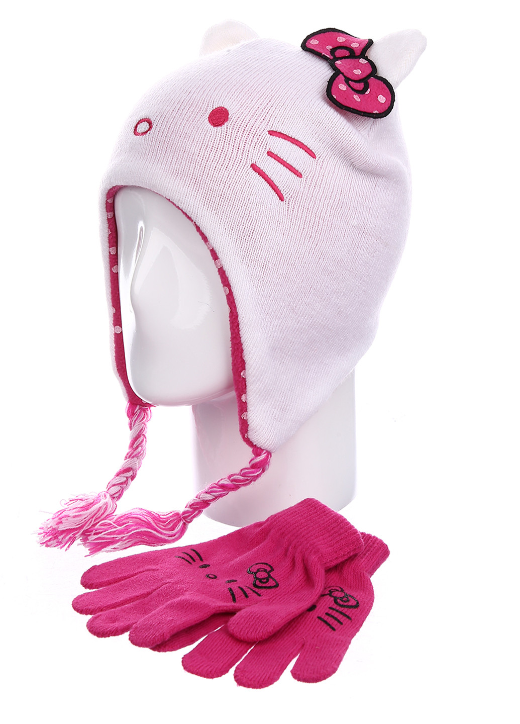Белый демисезонный комплект (шапка, перчатки) Hello Kitty