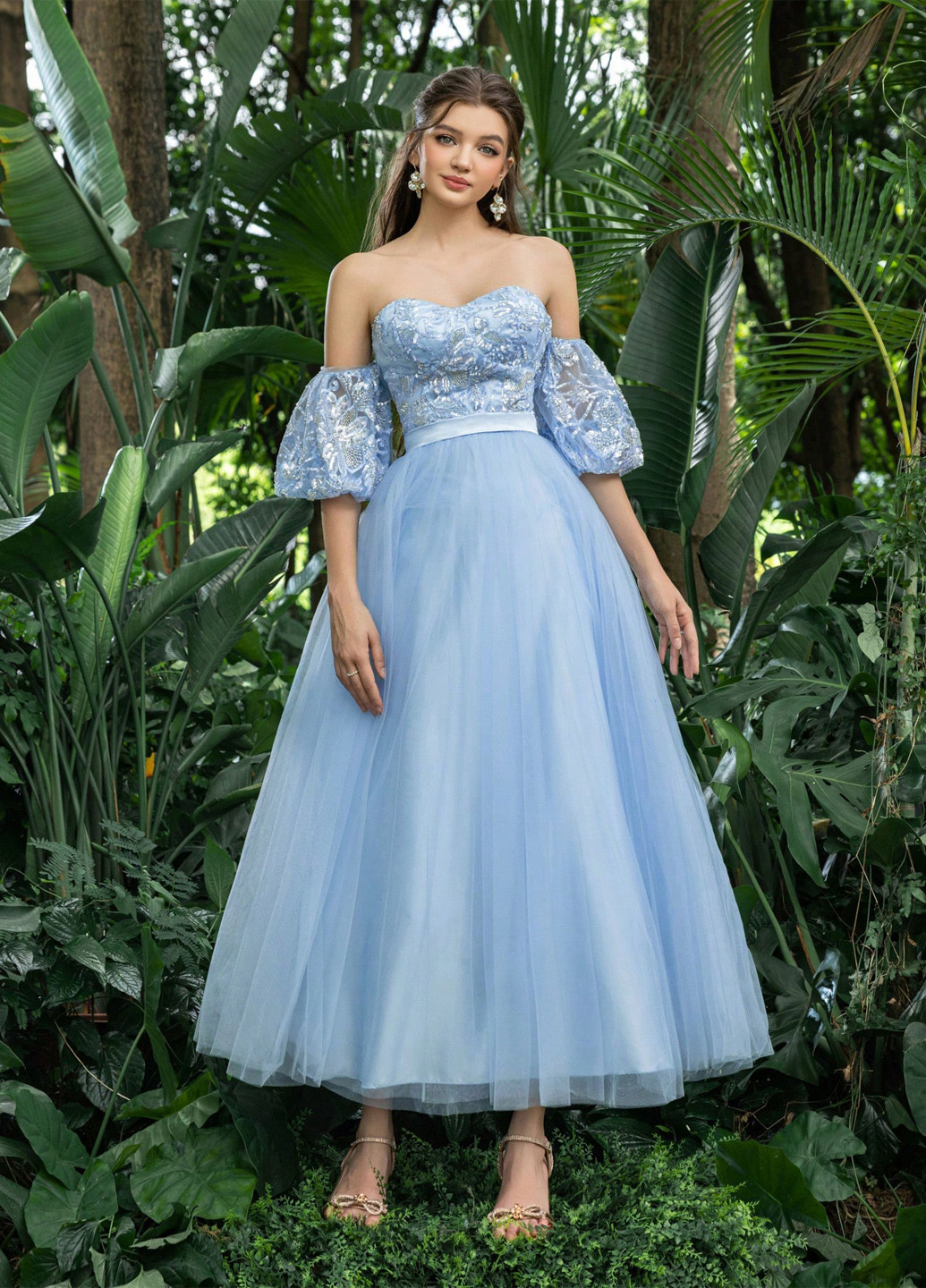 Блакитна вечірня сукня пачка, з відкритими плечима SHEIN однотонна